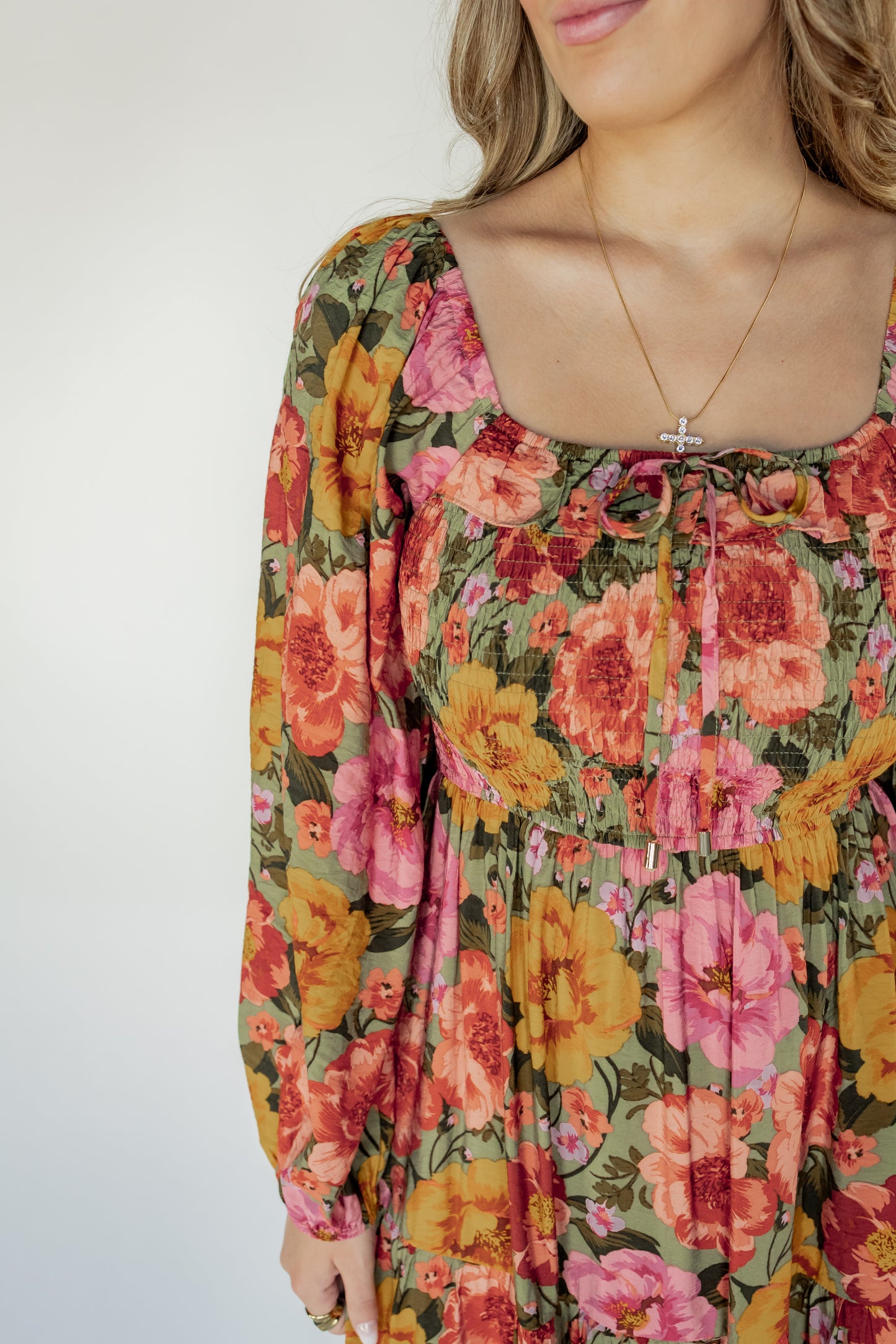 BOLD FLORAL SMOCKED MAXI  | SAGE MULTI