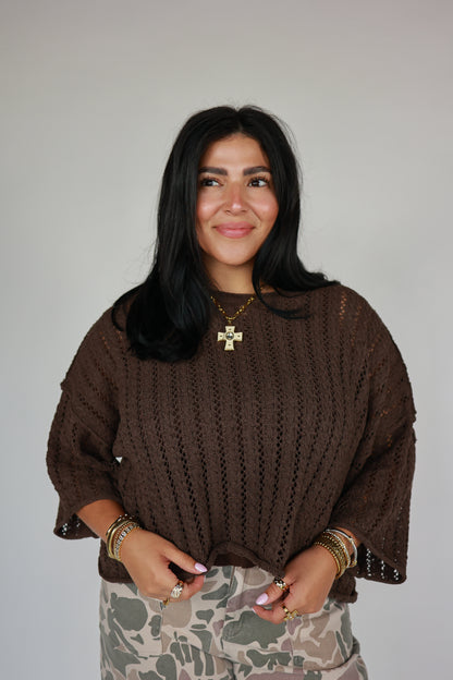 THE BROWN POINTELLE KNIT SWEATER