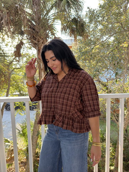 THE BROWN PLAID PEPLUM TOP