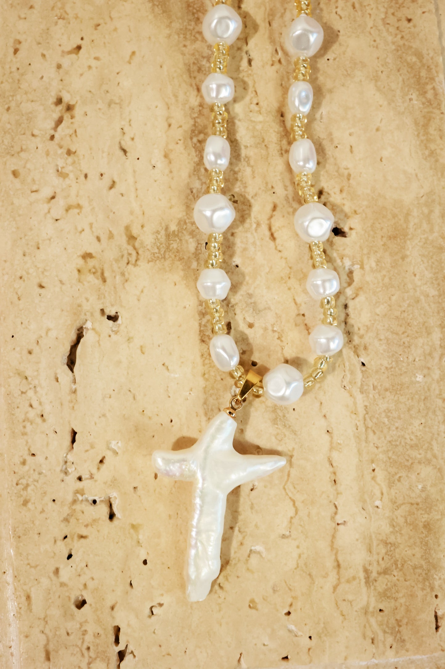 HEAVENLY PEARL CROSS NECKLACE