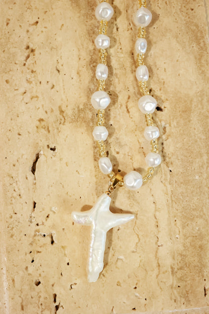 HEAVENLY PEARL CROSS NECKLACE
