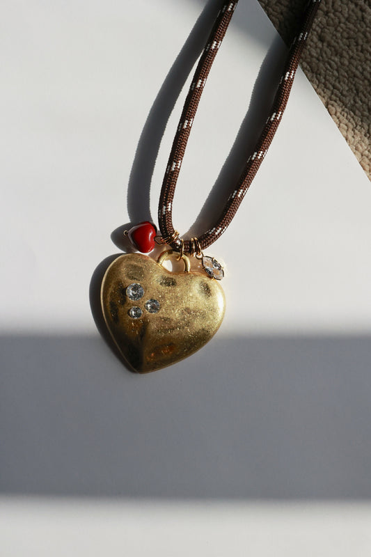 GO BIG MAROON HEART NECKLACE | BROWN CORD