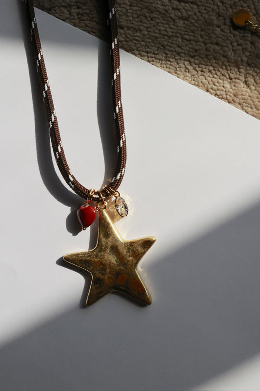 GO BIG MAROON STAR NECKLACE | BROWN CORD