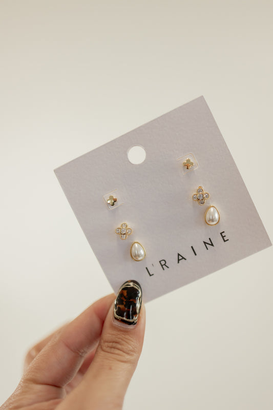 PEARL X FLOWER GOLD DIPPED STUD EARRING SET