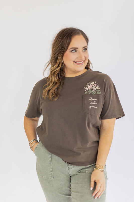 BLOOM WITH GRACE EMBROIDERED POCKET TEE