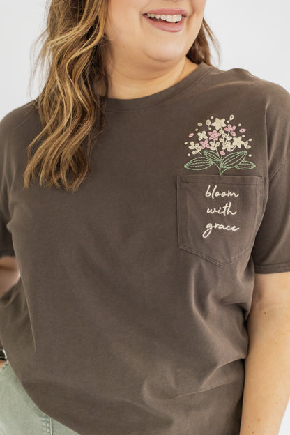 BLOOM WITH GRACE EMBROIDERED POCKET TEE