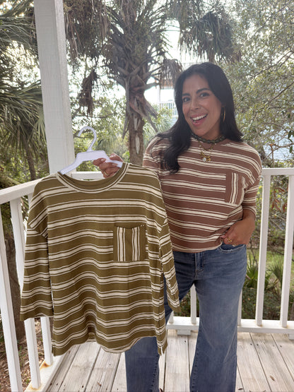 THE STRIPED TOP WITH FRONT POCKET | OLIVE