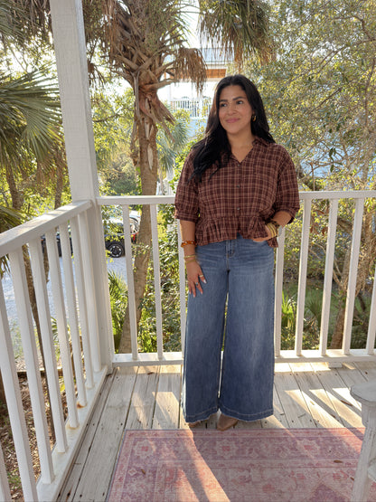 THE BROWN PLAID PEPLUM TOP