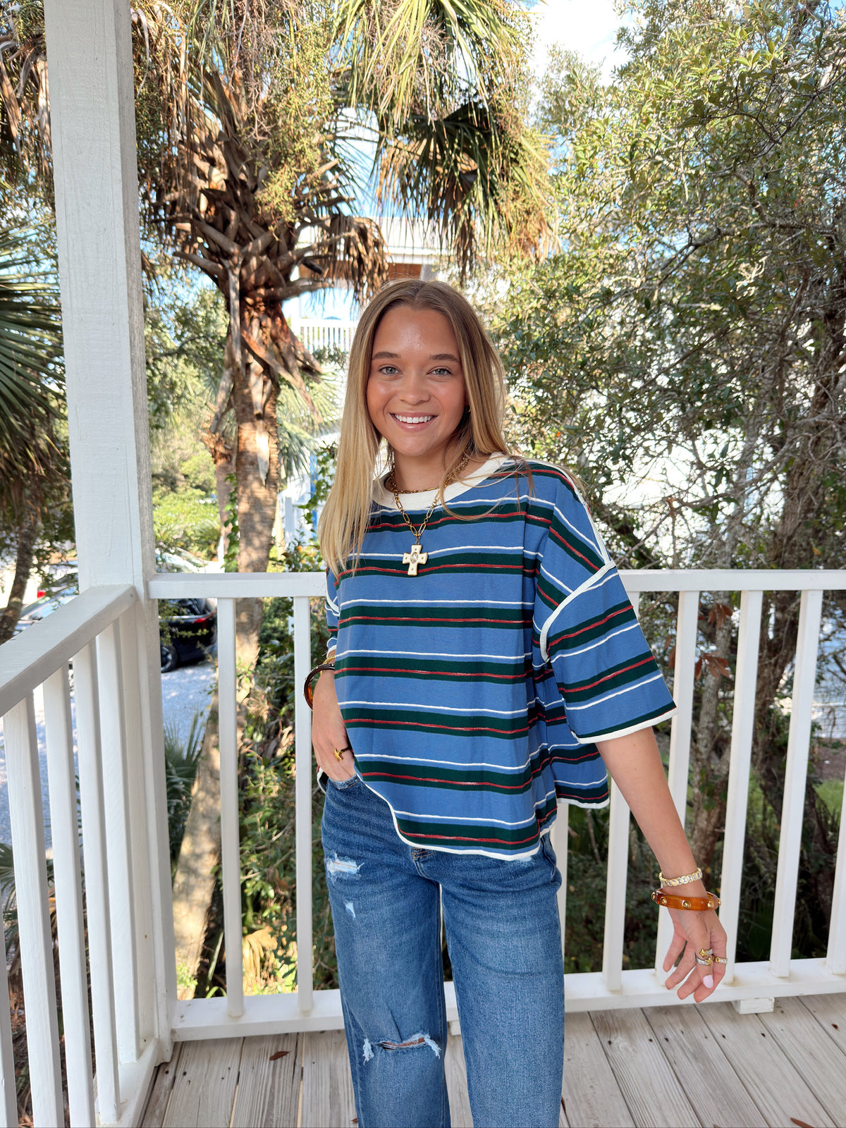 STRIPED SHORT SLEEVE TOP | BLUE AND GREEN