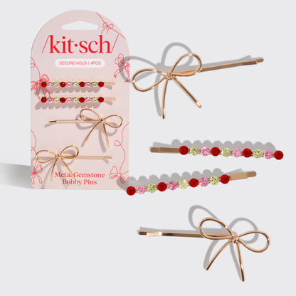 HOLIDAY GEMSTONE AND BOW BOBBY PINS 4 PIECE SET