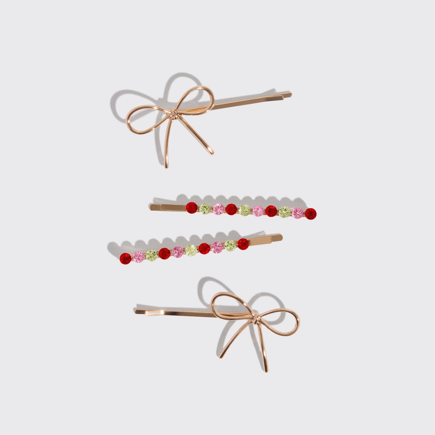 HOLIDAY GEMSTONE AND BOW BOBBY PINS 4 PIECE SET